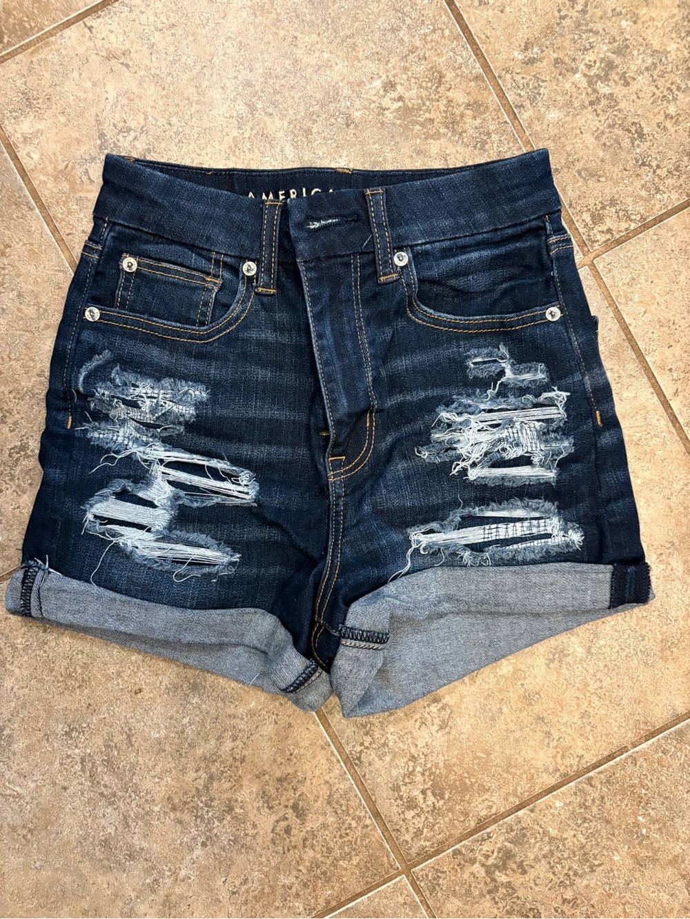 American Eagle Outfitters Dark Indigo Ripped Roll-Hem Jean Shorts